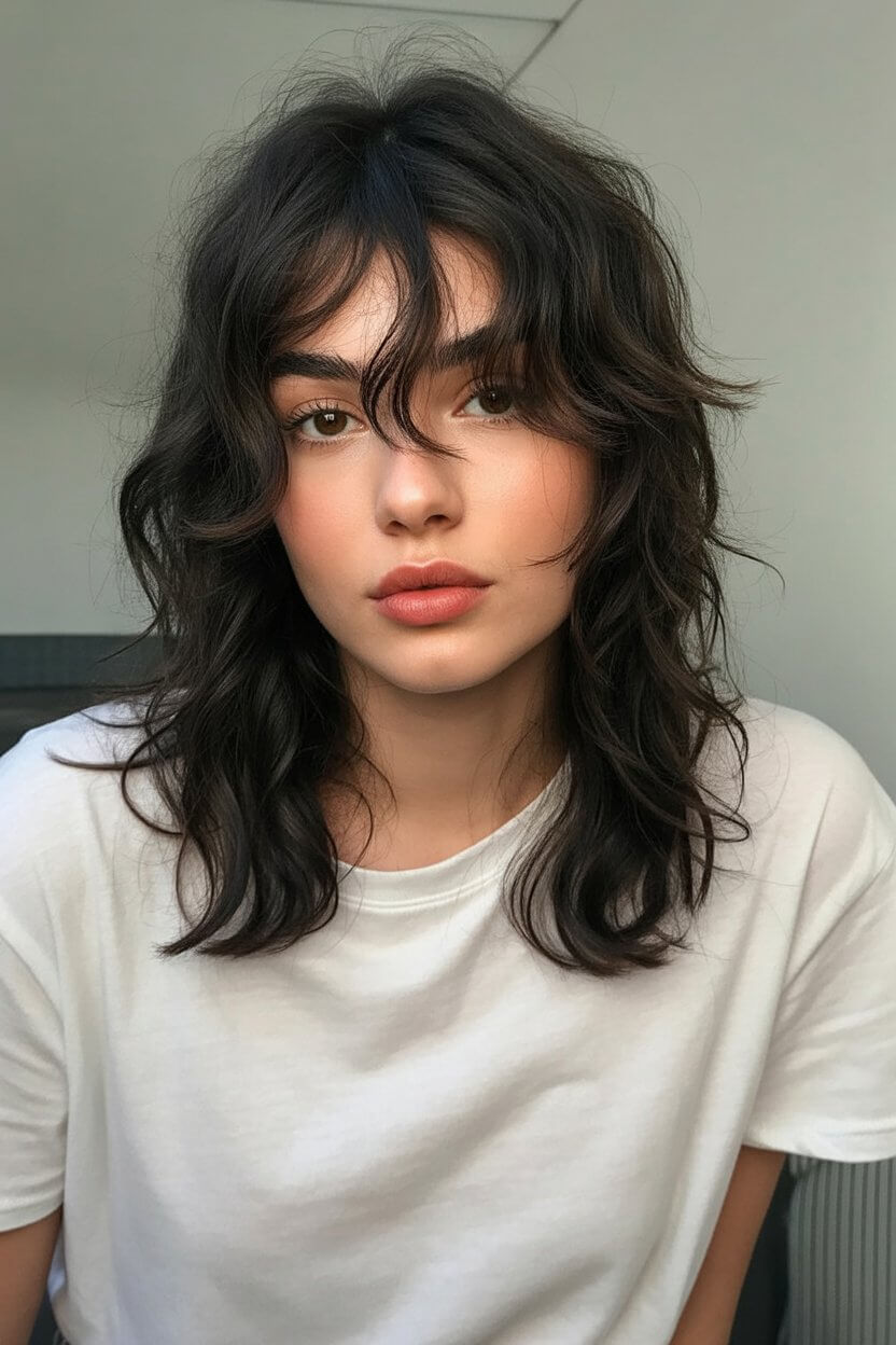 layered summer haircuts for medium hair 2026 Textured wavy layers with undone fringe