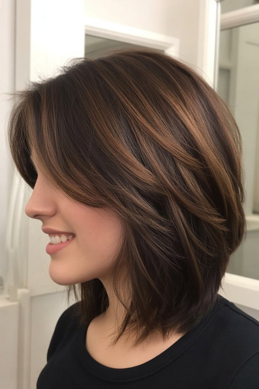 layered summer haircuts for medium hair 2026 Textured shoulder length layers with dimensional brunette tones
