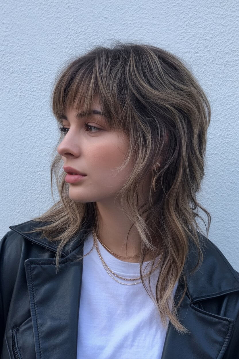 layered summer haircuts for medium hair 2026 Wavy shag layers with soft fringe contrast