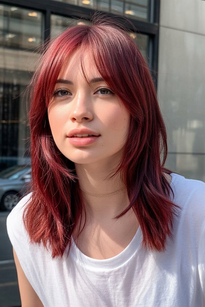 layered summer haircuts for medium hair 2026 Bold red layered cut with modern shag attitude