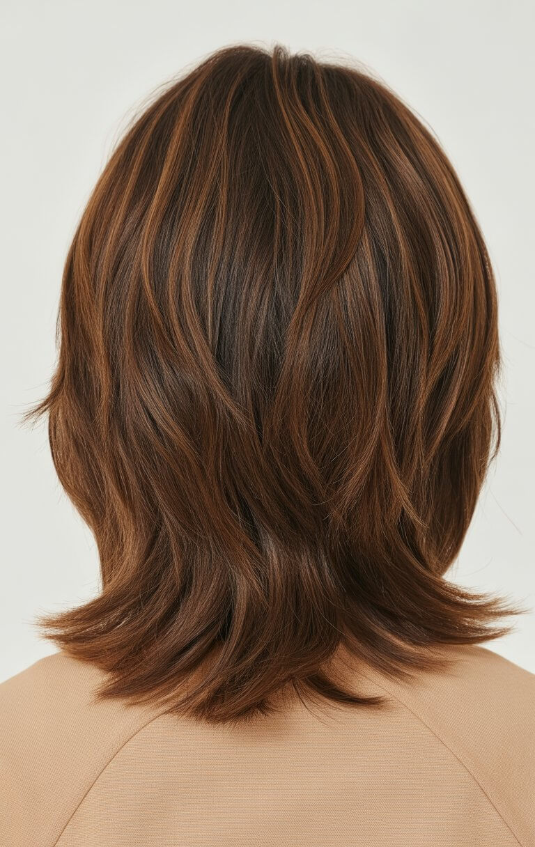 layered summer haircuts for medium hair 2026 Layered back view with soft blended movement