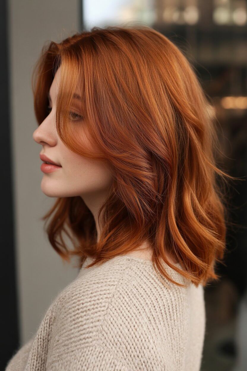 layered summer haircuts for medium hair 2026 Wavy copper layers with natural flow