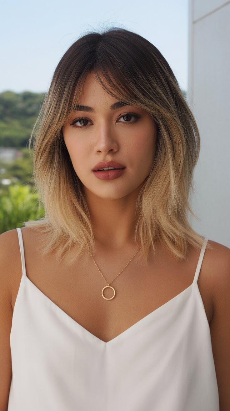 layered summer haircuts for medium hair 2026 Soft balayage layers with airy fringe finish