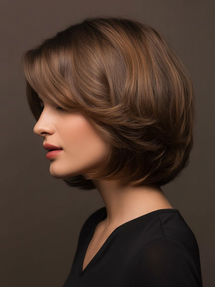 layered summer haircuts for medium hair 2026 Polished layered bob with sculpted volume