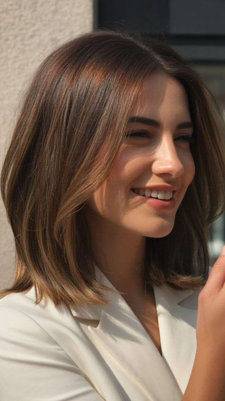 layered summer haircuts for medium hair 2026 Polished shoulder length layers with soft movement