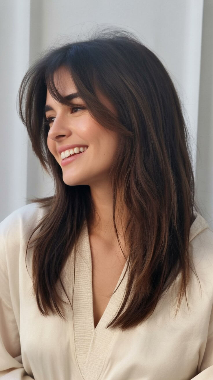 layered summer haircuts for medium hair 2026 Long layered brunette with wispy front detail