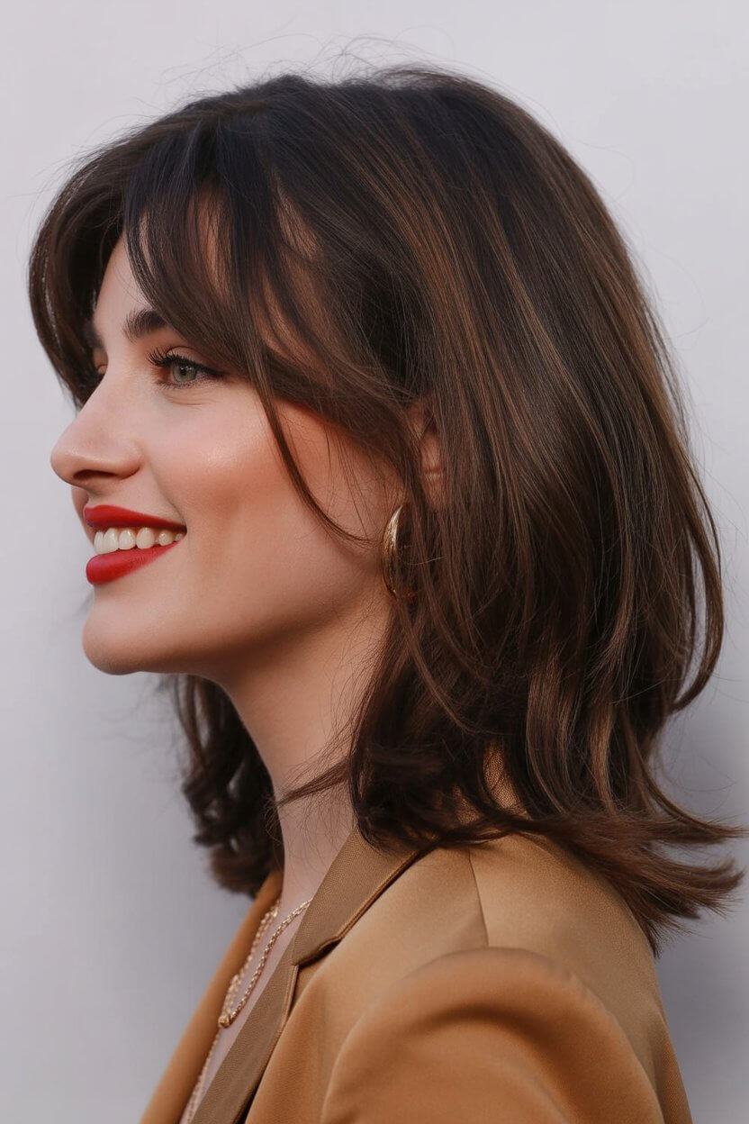 layered summer haircuts for medium hair 2026 Soft brunette layers with face framing flow