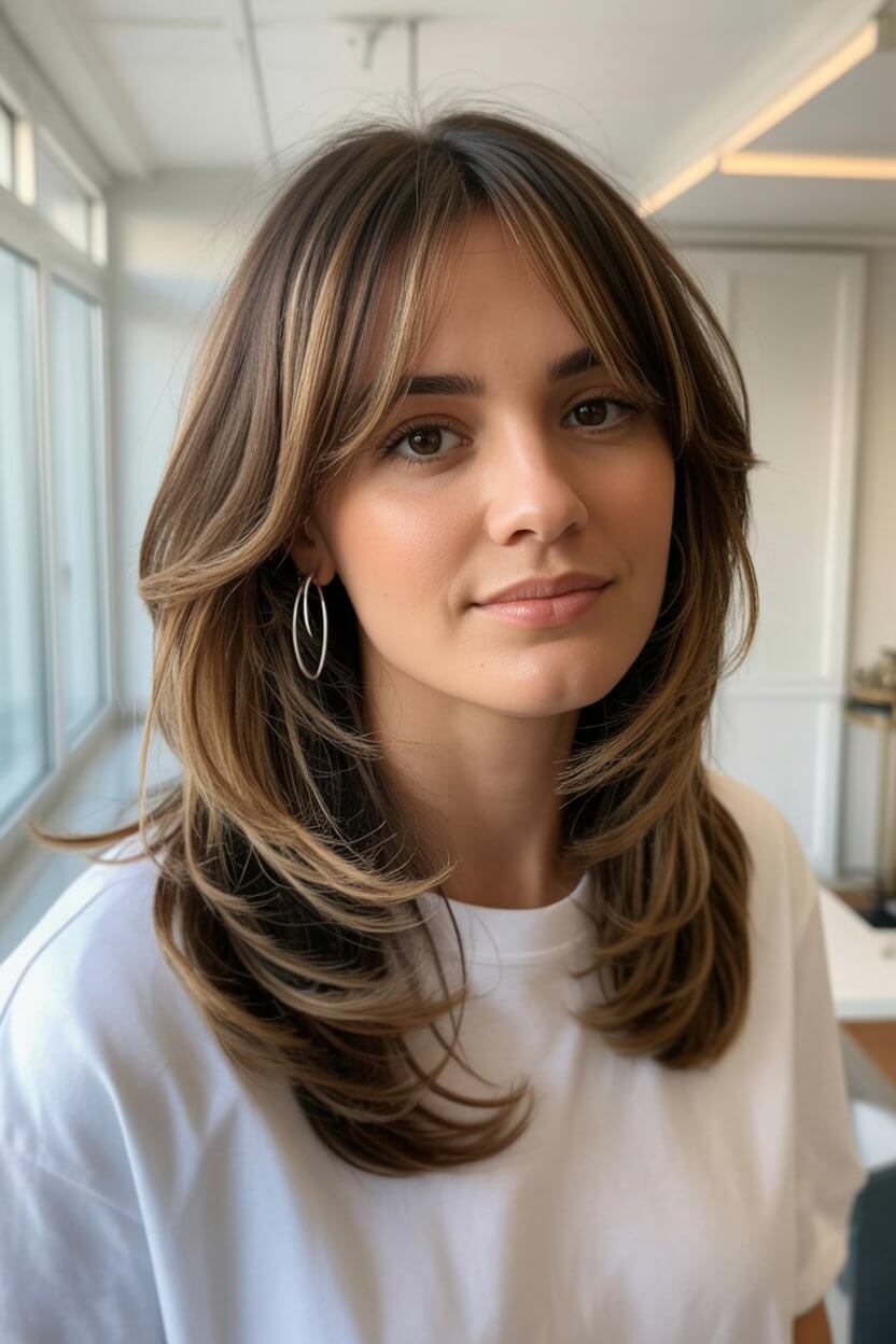 layered summer haircuts for medium hair 2026 Long feathered layers with soft blonde dimension