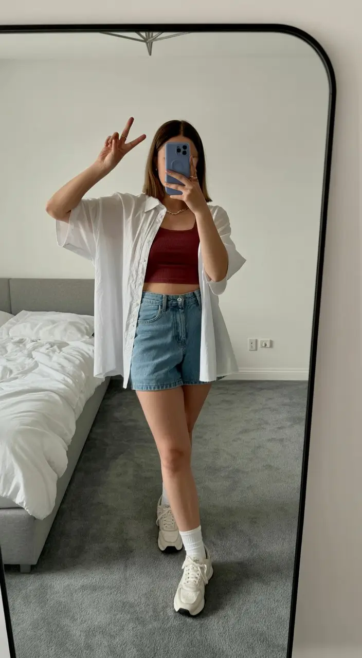 midsize outfits for women summer 2026 Layered denim ease with a sporty summer mood