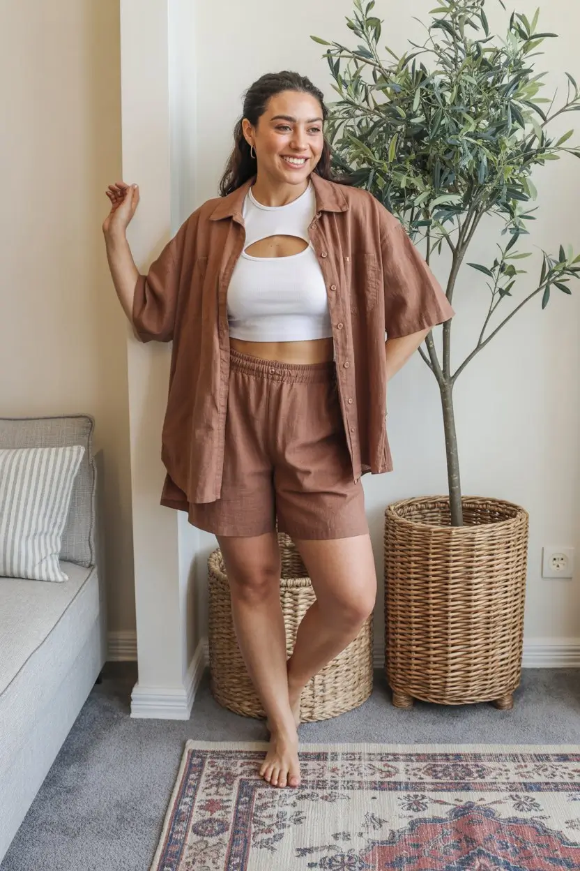 midsize outfits for women summer 2026 Monochrome linen set with a relaxed lounge feel