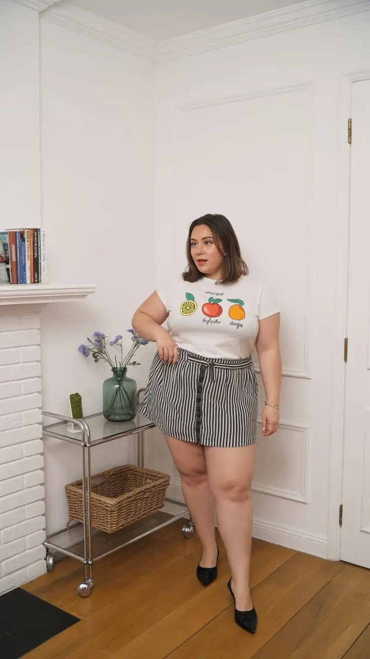 midsize outfits for women summer 2026 Playful graphic tee with a structured mini moment