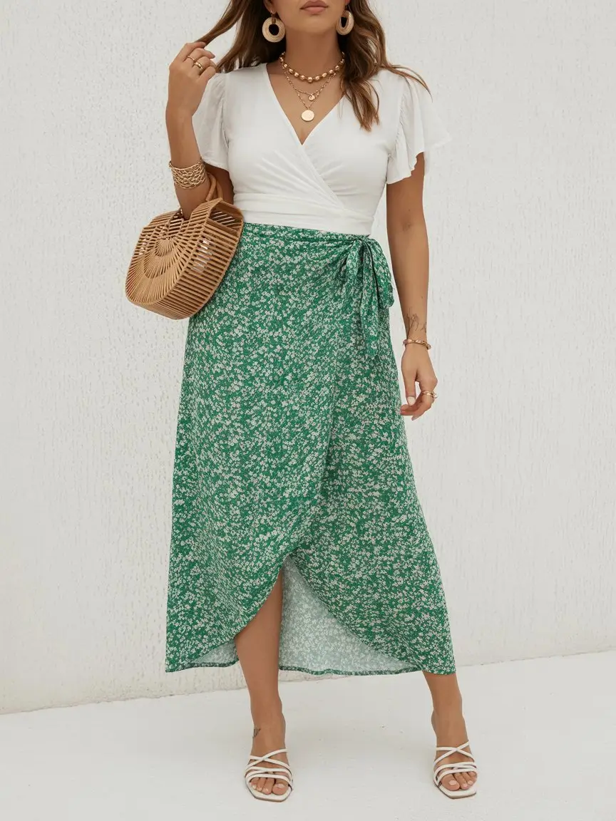 midsize outfits for women summer 2026 Flowy wrap skirt with a feminine summer finish
