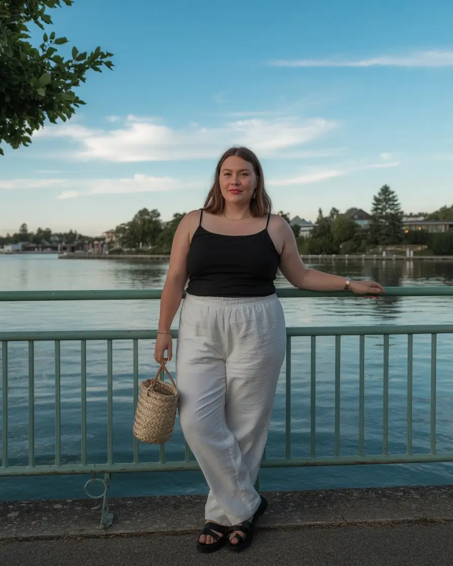 midsize outfits for women summer 2026 Easy riverside look with soft contrast and movement