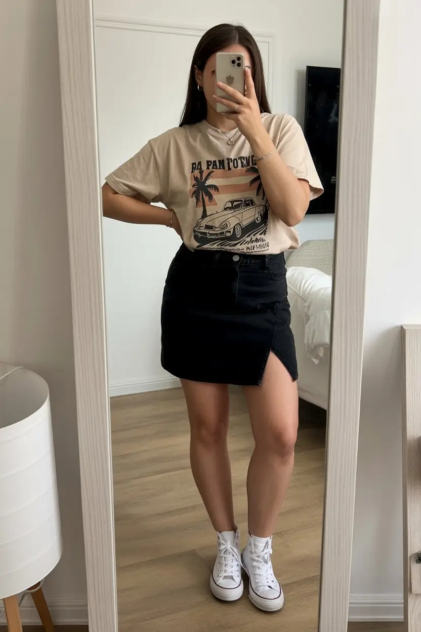 midsize outfits for women summer 2026 Graphic tee and mini skirt with a bold everyday twist