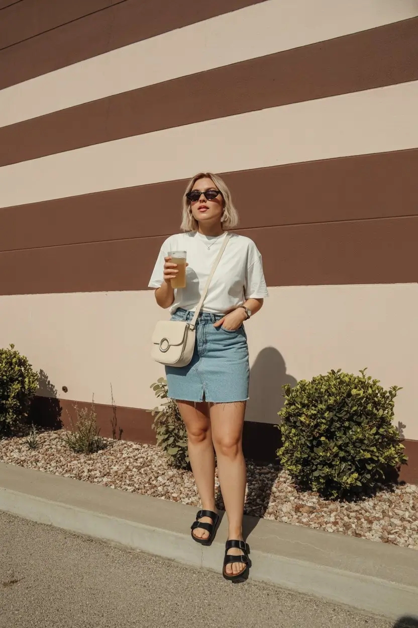 midsize outfits for women summer 2026 Clean denim mini with minimal summer styling