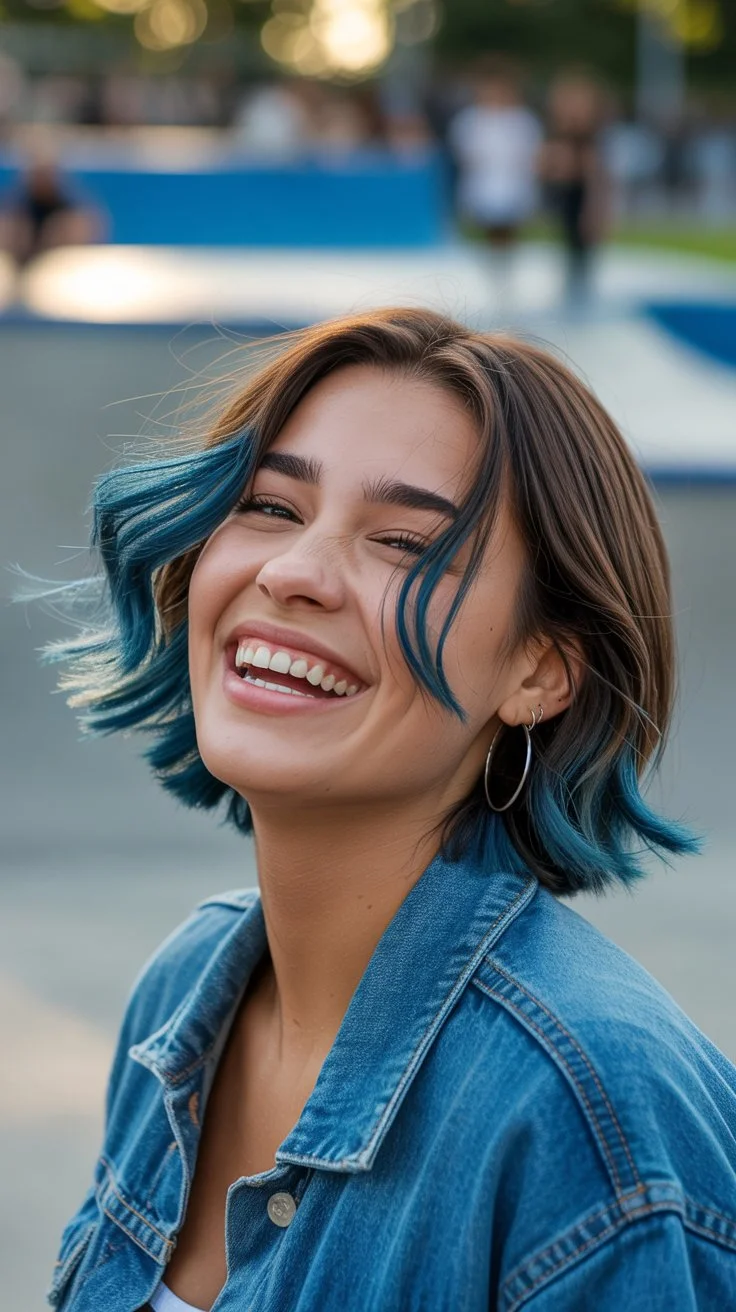 modern summer haircuts for women over 30 2026 short layered bob with blue accents
