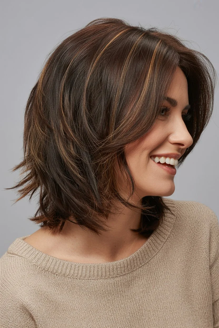 modern summer haircuts for women over 30 2026 layered mid length bob feathered ends