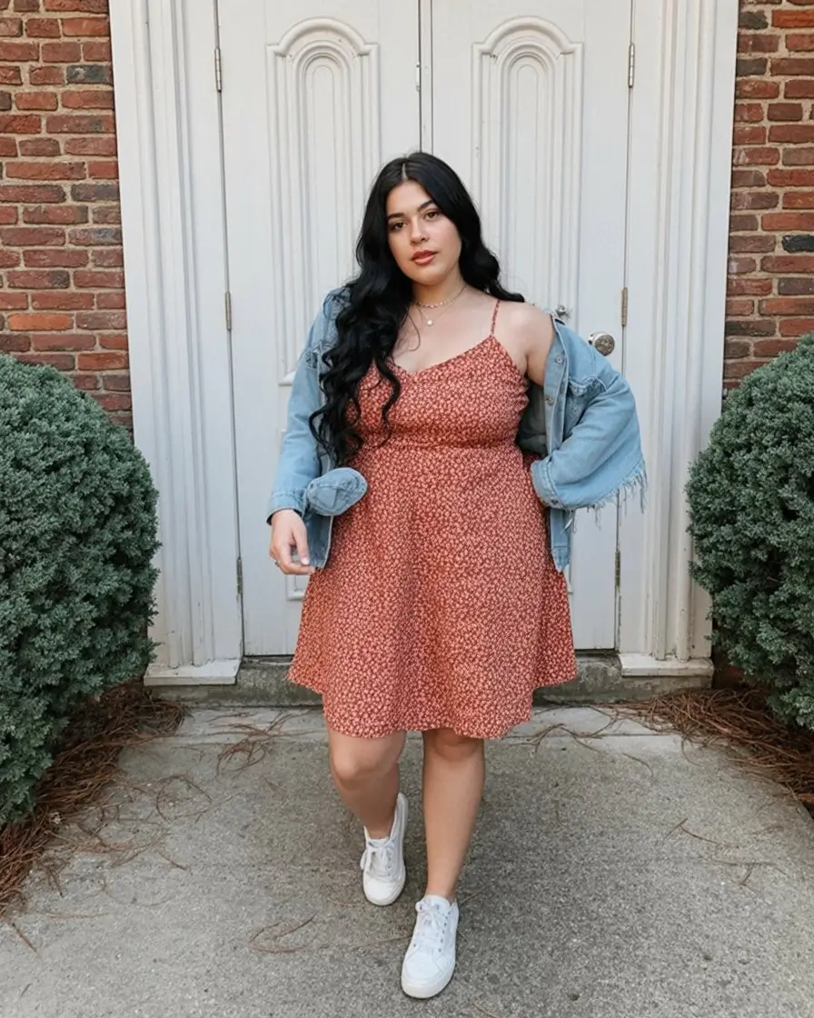 Plus Size Summer Outfits For Women 2026 Soft floral dress with denim jacket casual comfy energy