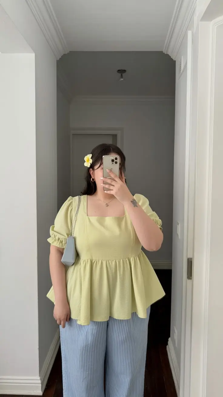 Plus Size Summer Outfits For Women 2026 Light green peplum blouse and striped trousers boho airy elegance