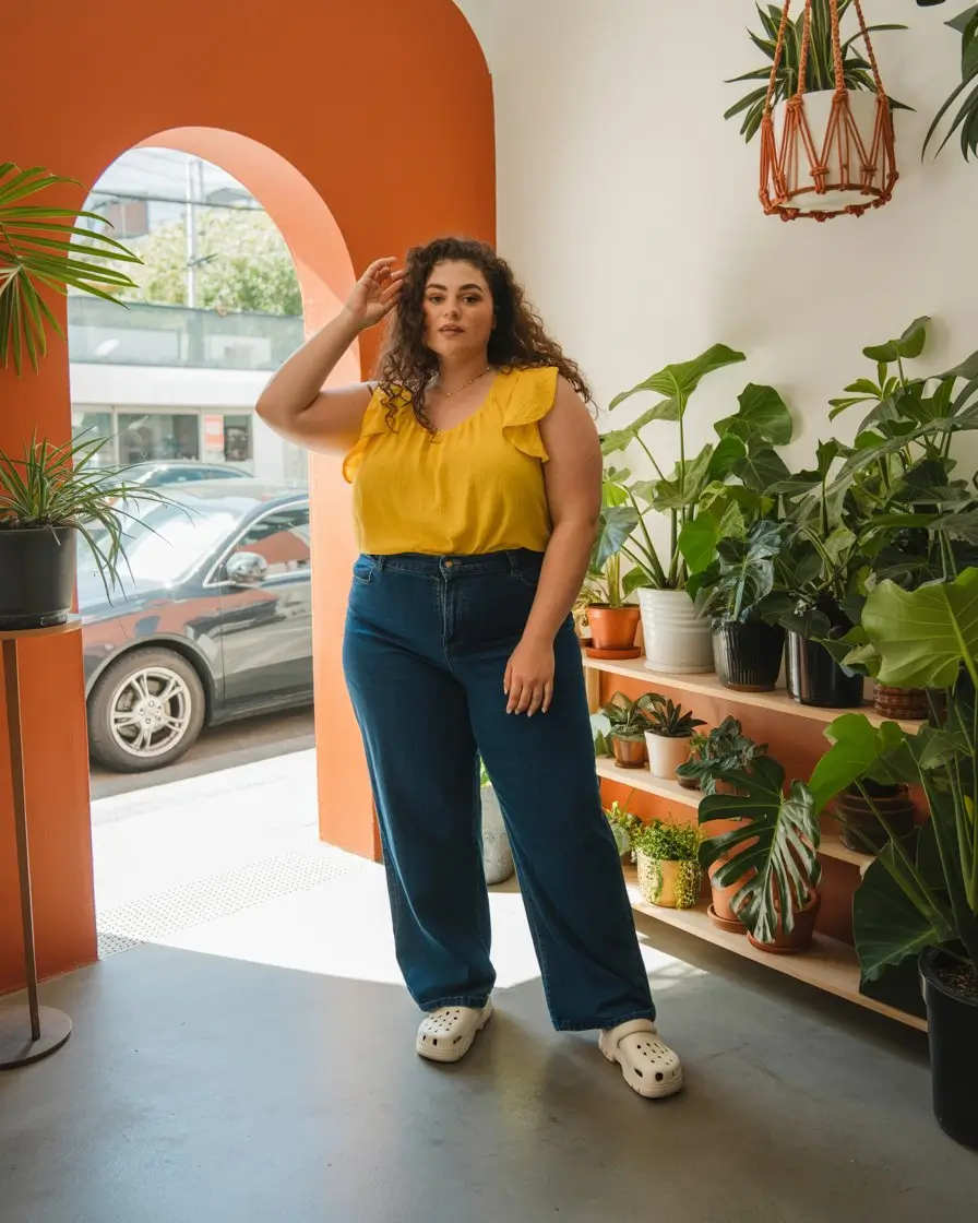 Plus Size Summer Outfits For Women 2026 Yellow blouse and wide leg jeans retro summer confidence
