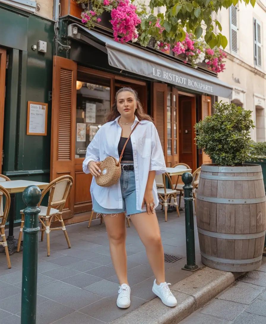Plus Size Summer Outfits For Women 2026 Oversized shirt and denim shorts effortless europe summer vibe