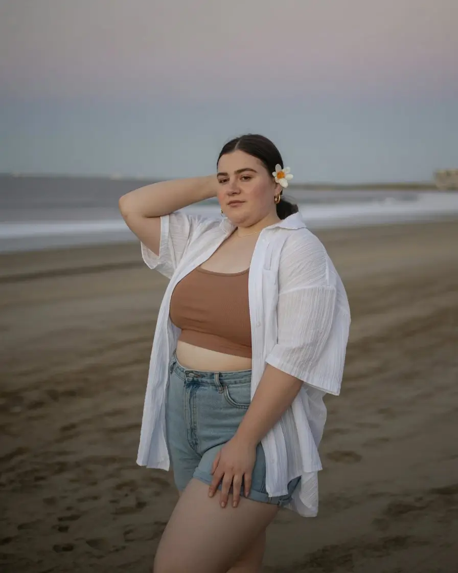 Plus Size Summer Outfits For Women 2026 Open shirt and denim shorts soft beach day layering