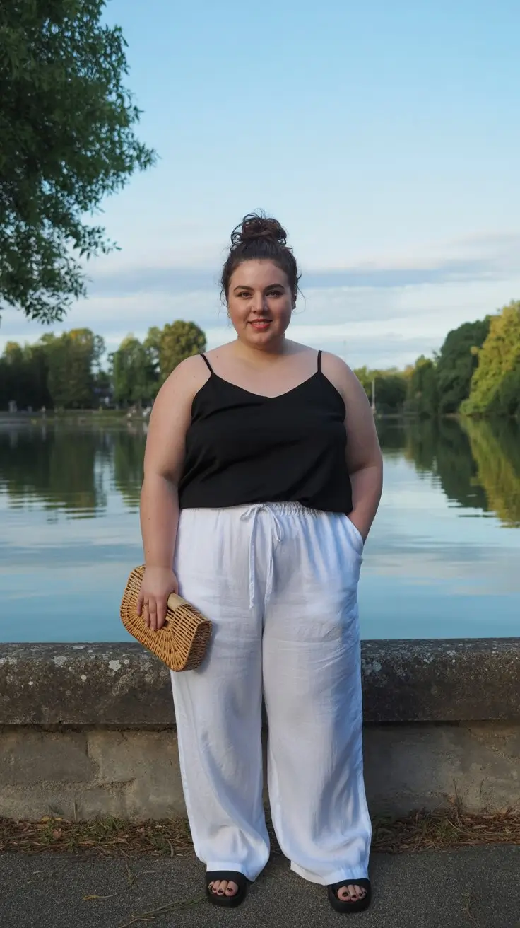 Plus Size Summer Outfits For Women 2026 Black camisole and white trousers effortless evening elegance