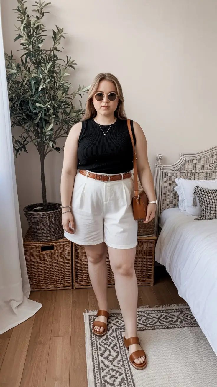 Plus Size Summer Outfits For Women 2026 Minimal black top and tailored shorts chic everyday balance