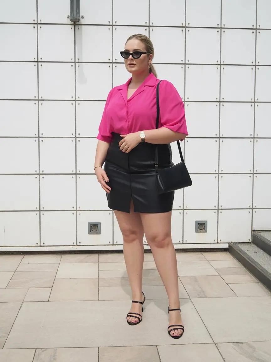 Plus Size Summer Outfits For Women 2026 Bright blouse and leather skirt edgy confident summer style