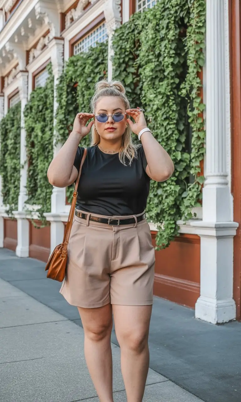 Plus Size Summer Outfits For Women 2026 Black fitted tee and tailored shorts clean city chic energy