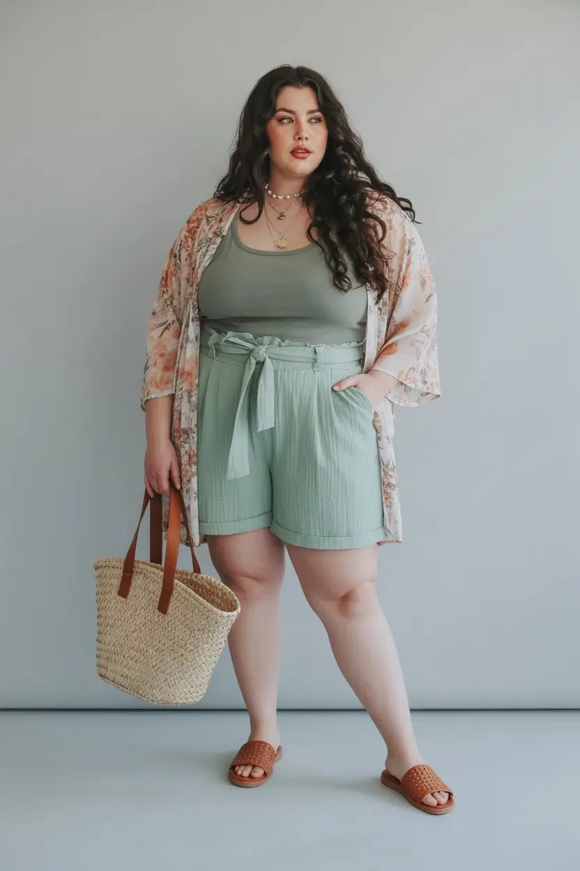 Plus Size Summer Outfits For Women 2026 Soft green set with kimono layer boho relaxed summer feel