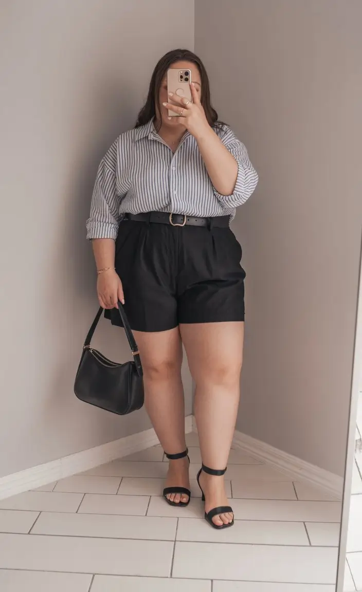 Plus Size Summer Outfits For Women 2026 Striped shirt and black shorts office casual confidence