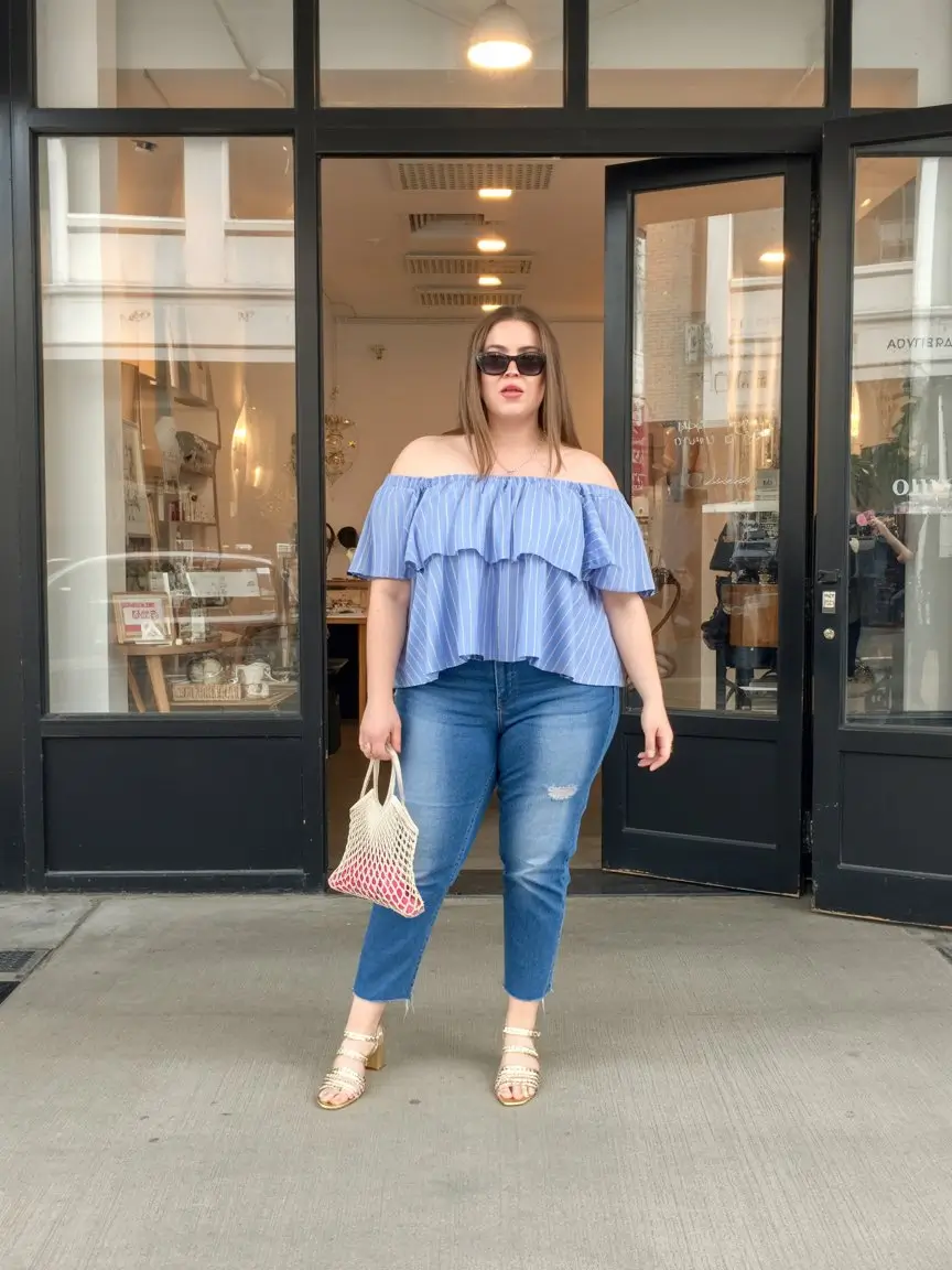 Plus Size Summer Outfits For Women 2026 Off shoulder blouse and jeans effortless brunch chic