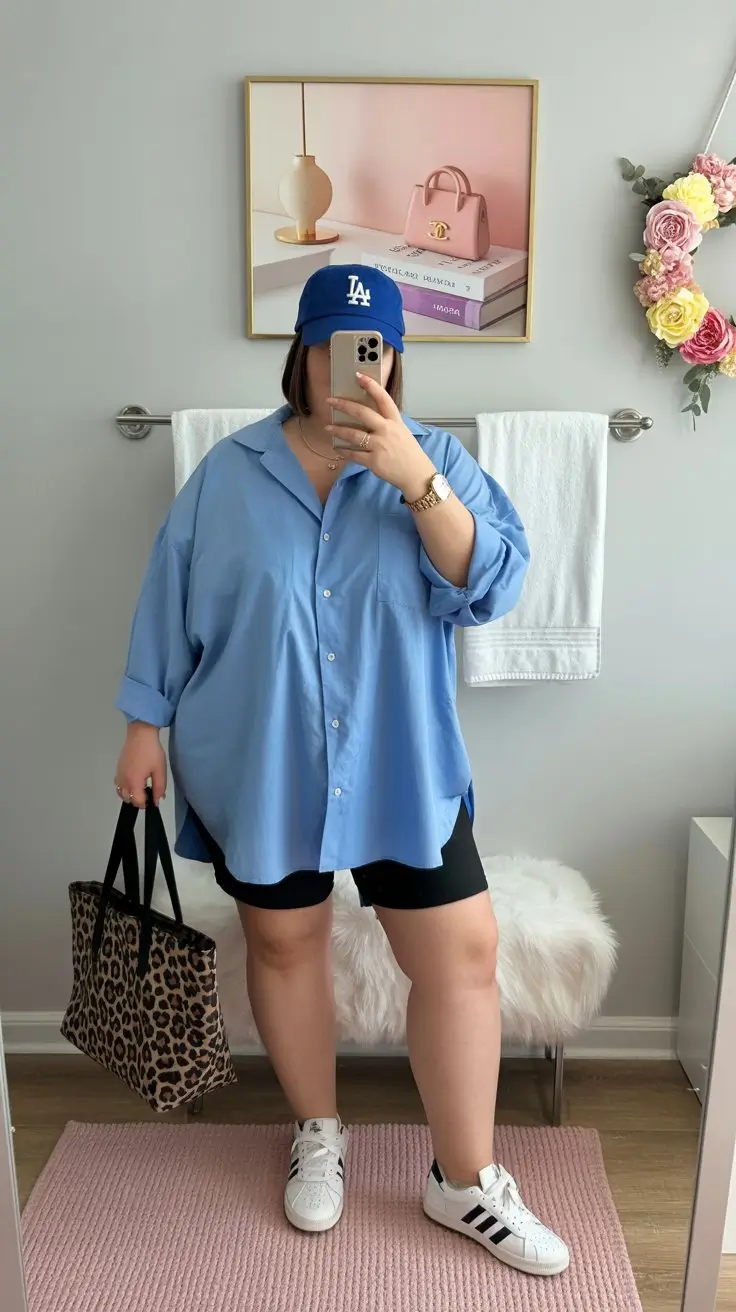 Plus Size Summer Outfits For Women 2026 Oversized blue shirt and biker shorts athleisure street ease