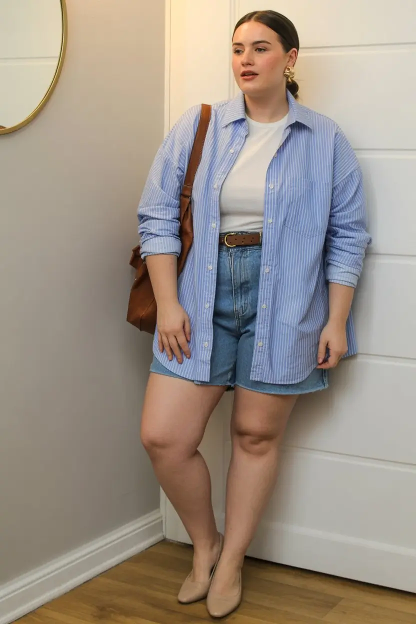 Plus Size Summer Outfits For Women 2026 Striped shirt with denim shorts easy casual everyday style