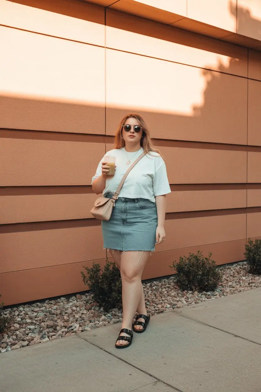 Plus Size Summer Outfits For Women 2026 Relaxed tee and denim skirt casual comfy summer walk look