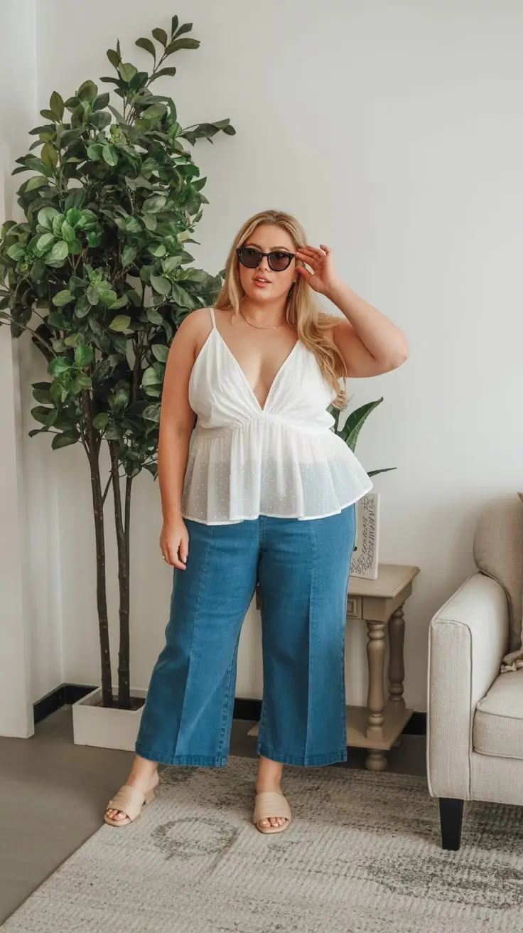 Plus Size Summer Outfits For Women 2026 White peplum top and wide leg jeans soft feminine chic