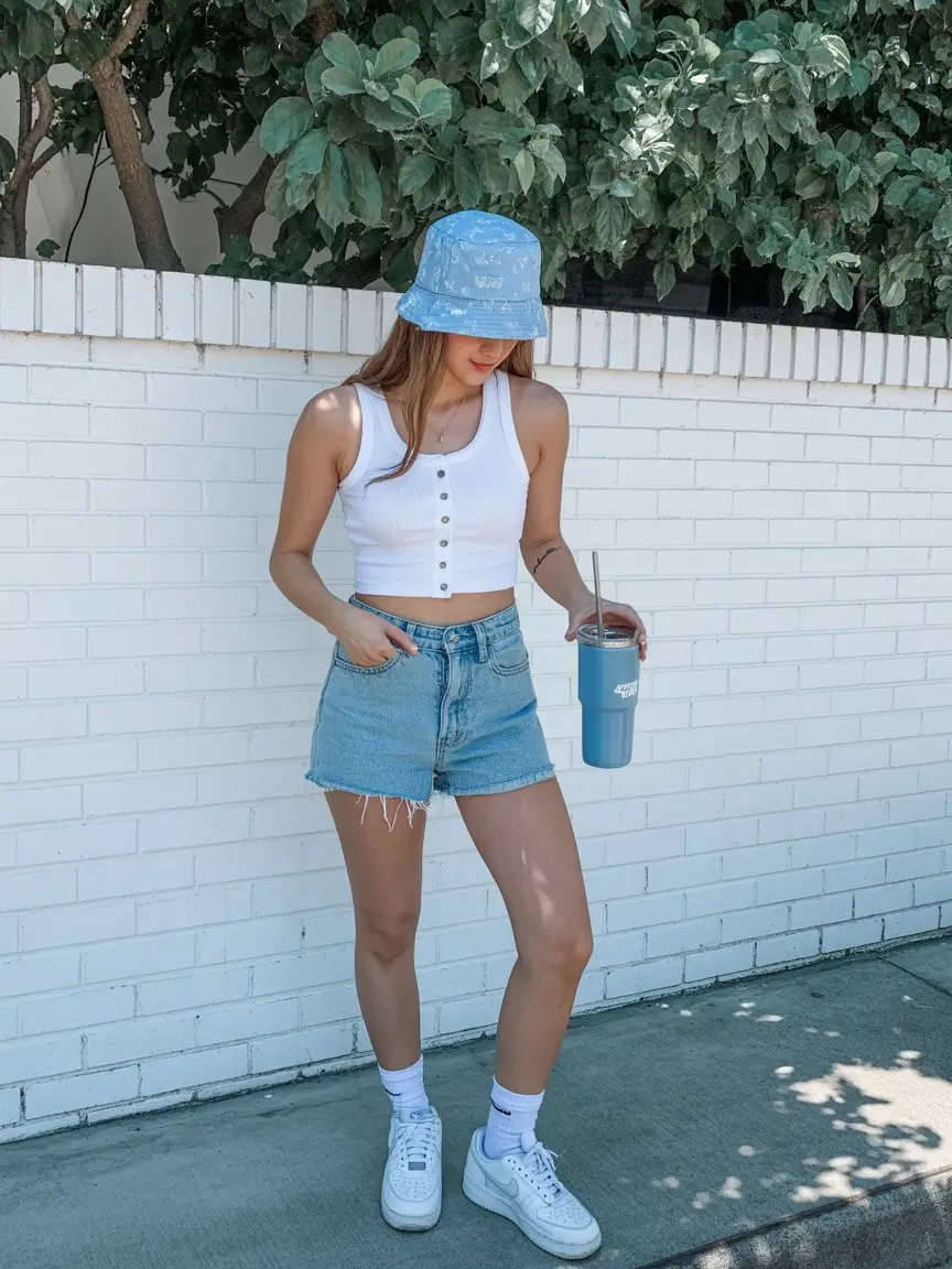 short outfits for women summer 2026 Light denim and white tank with playful summer accents