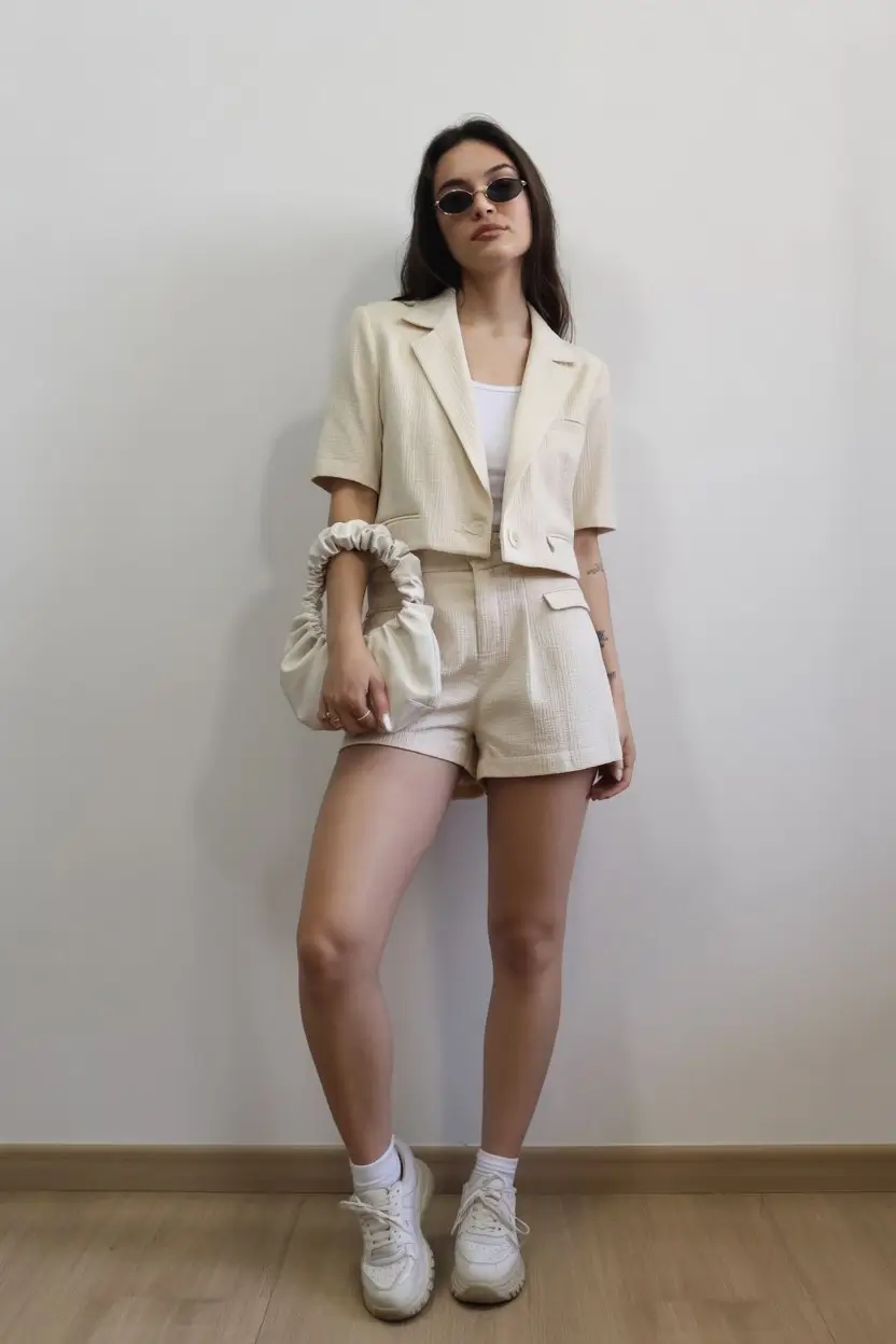 short outfits for women summer 2026 Neutral tailored set that blends comfort and structure