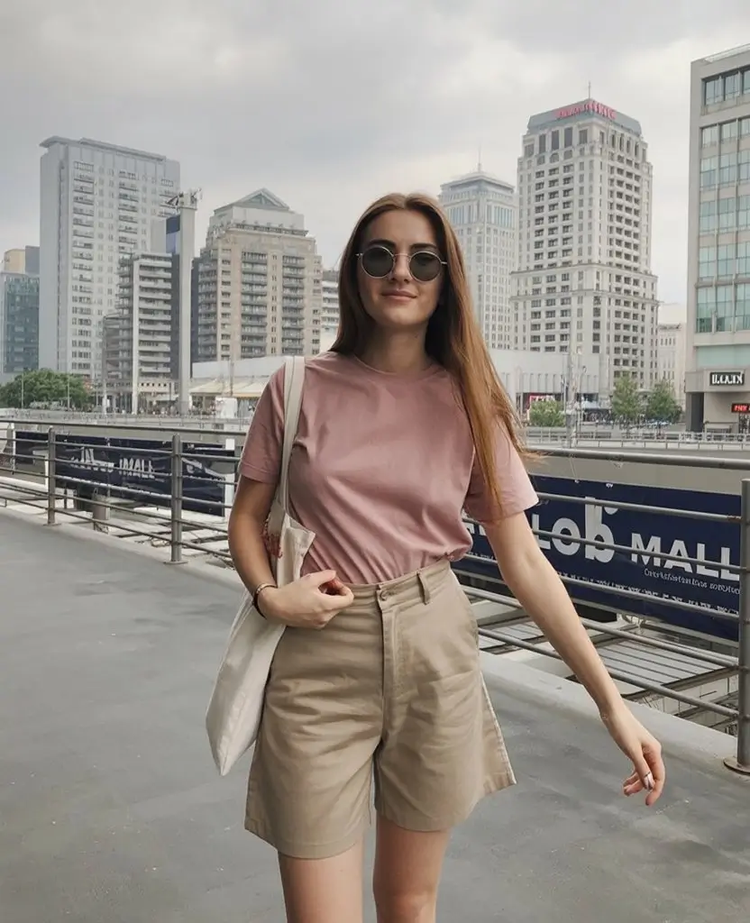 short outfits for women summer 2026 Relaxed pink tee with tailored neutral shorts