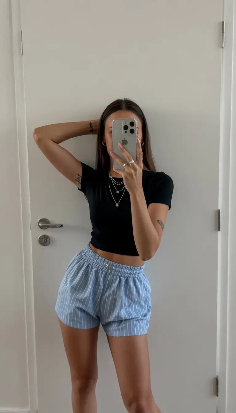 short outfits for women summer 2026 Minimal black top with soft striped boxer shorts