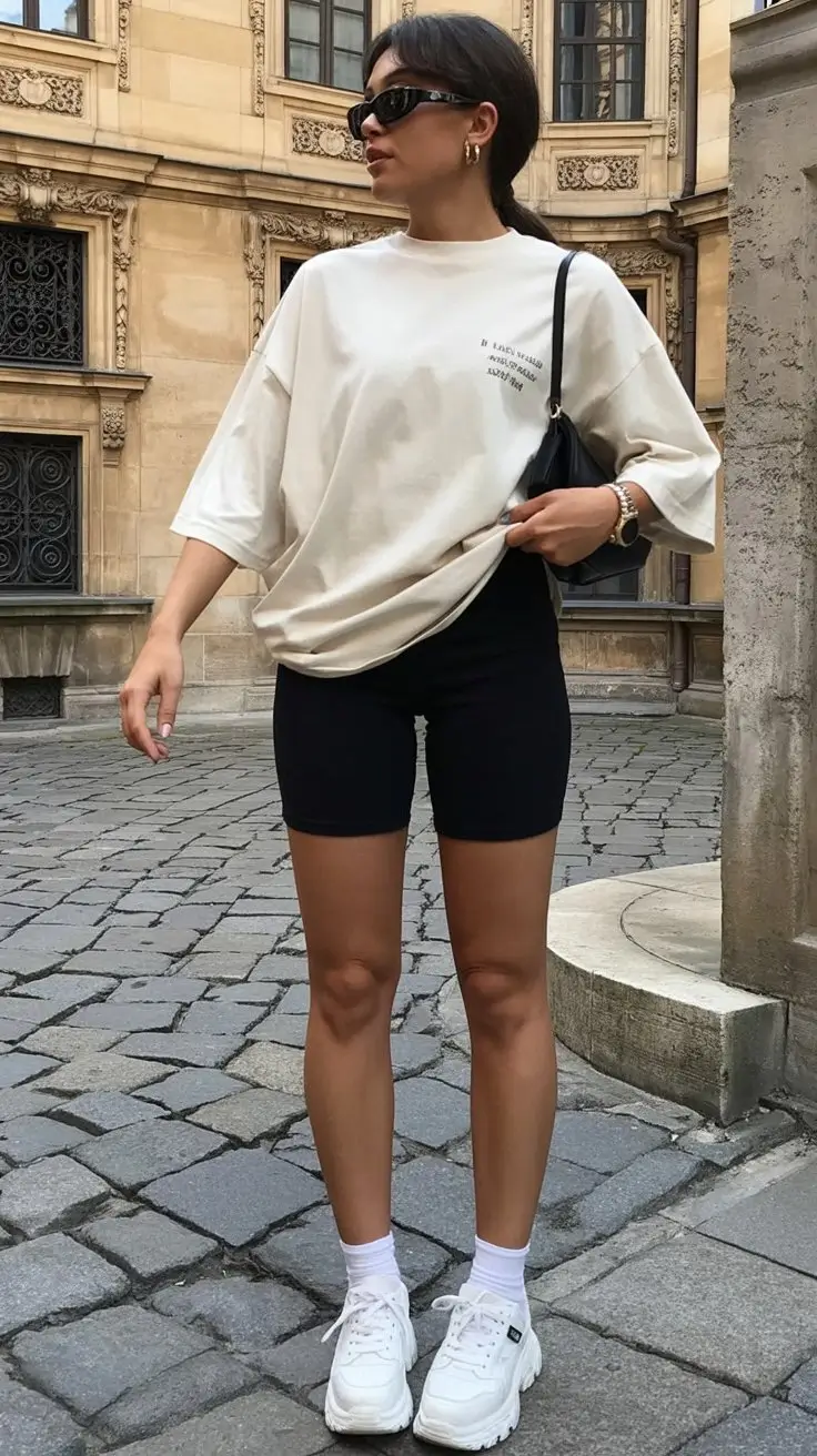short outfits for women summer 2026 Black biker shorts with oversized tee street style