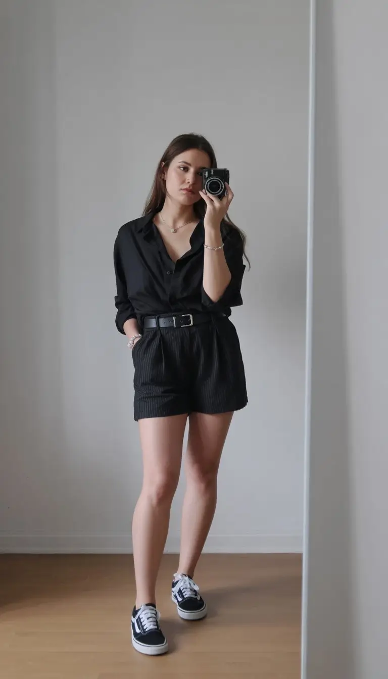 short outfits for women summer 2026 All black tailored shorts with a polished edge
