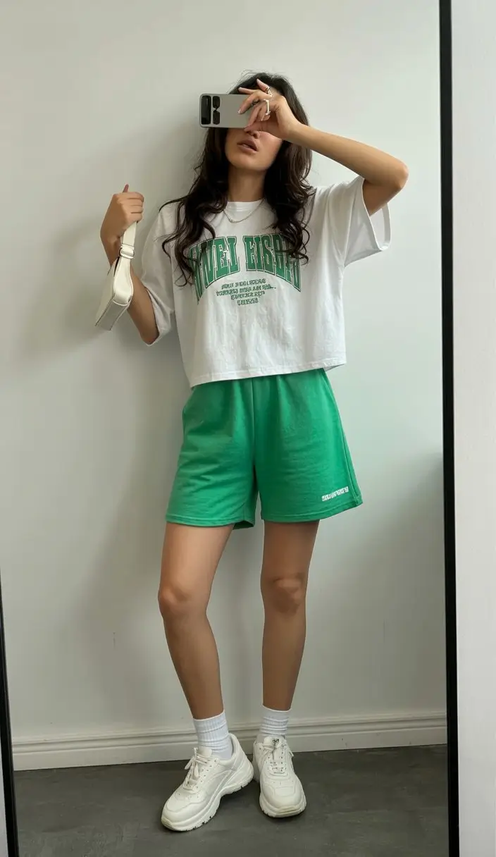 short outfits for women summer 2026 Sporty oversized tee with bold color energy