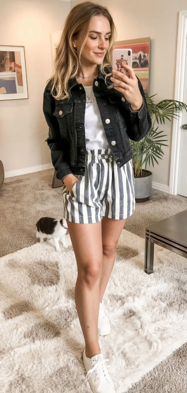 short outfits for women summer 2026 Striped shorts with black denim jacket contrast