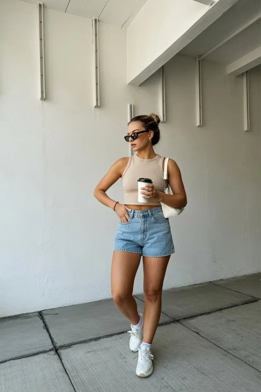 short outfits for women summer 2026 Neutral crop top and denim shorts with clean lines