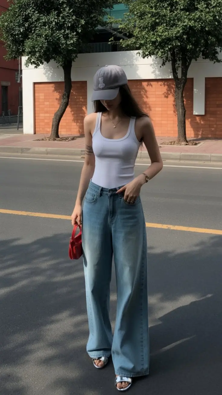 stylish mom outfits summer 2026 Relaxed Denim and Tank with Street Style Ease