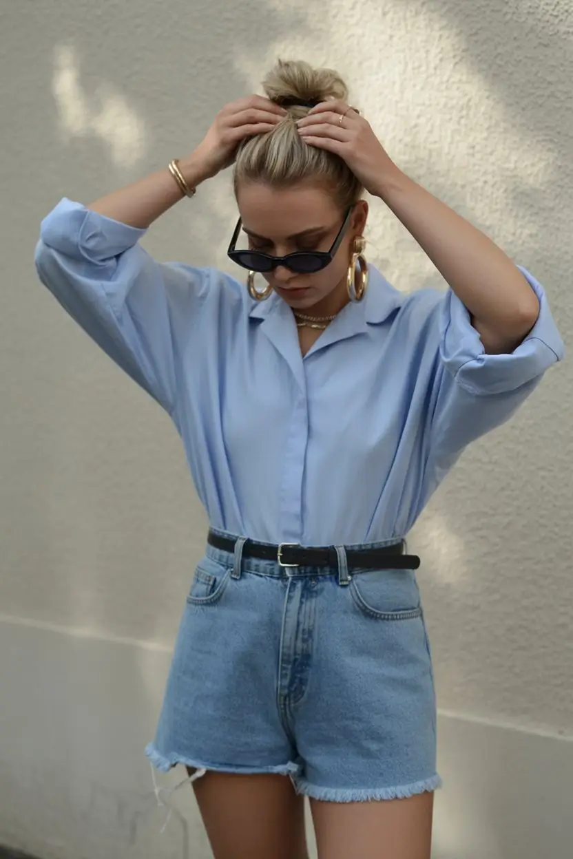 stylish mom outfits summer 2026 Soft Blue Shirt with Elevated Everyday Denim