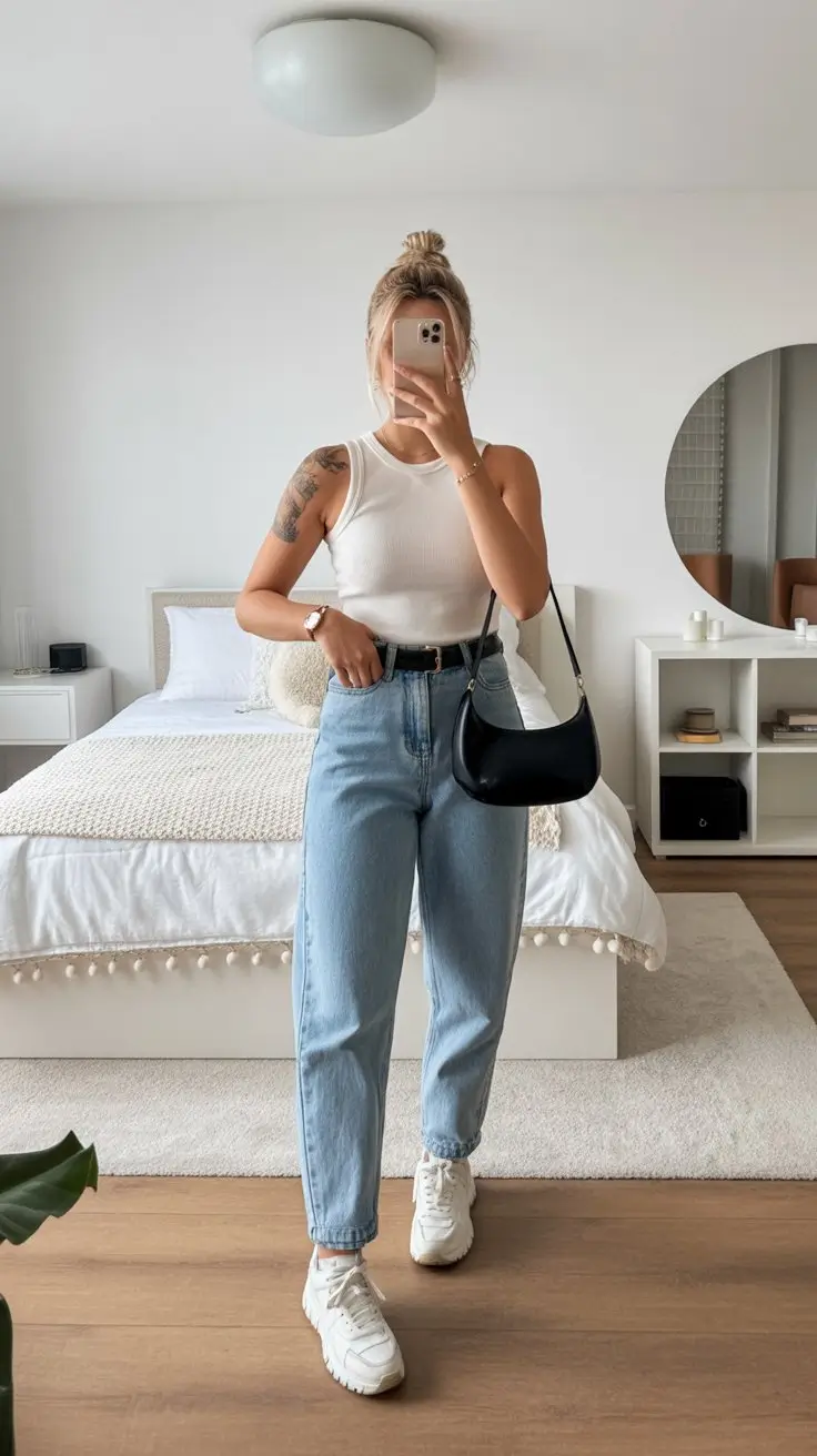 stylish mom outfits summer 2026 Classic Denim and Tank Done the Modern Way