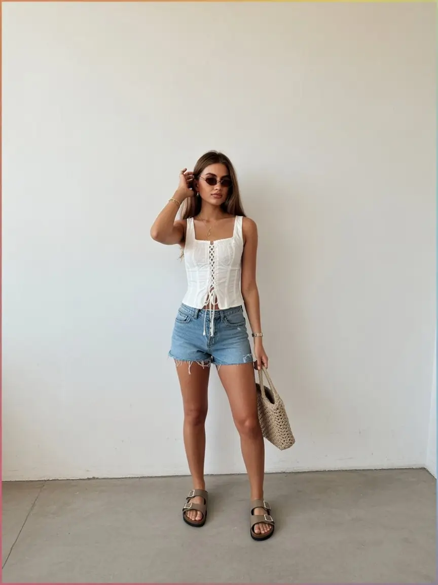 stylish mom outfits summer 2026 Feminine Corset Top with Casual Denim Balance